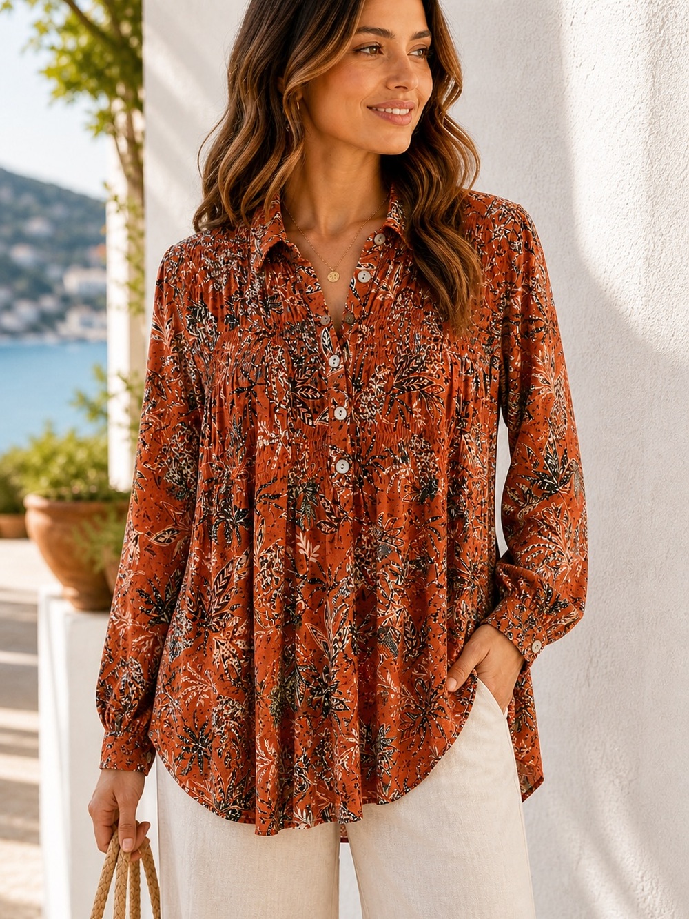 BeachLunchLounge Orange Smocked Boho Blouse M Flowy Resort Top
